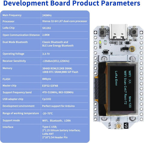 Top Shelf Esp32 S3 LoRa V3 Module Board Packing Rad Sx1262 Long Range Radio And Tough 3000Mah Battery Hub, product specs display.