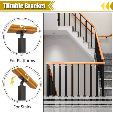 Tough As Nails Heavy Duty Wrought Iron Railing Spindles For Indoor Stairs And Decks, Black Square Guardrail Posts with tilt brackets.
