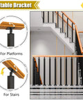 Step Up Your Game With These Next Level Wrought Iron Railing Spindles, Heavy Duty Floor Mount Posts, Rust Proof Powder Coated Finish, Set Of 10, Built Like A Tank For Stairs And Decks, 440 Lb Load Rating, shown in interior staircase with tiltable brackets for mounting.