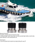 Two Pack Trailer Bearing Protectors 2.441 Inch Dia Stainless Steel Aluminum Alloy Heavy Duty Wheel Bearing Protectors With Auto Check Grease Level For Marine And Utility Trailers, shown with a marine boat in background.
