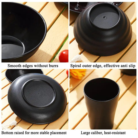 Details of Camping Utensils Set For One Person: bowl with smooth edges, spiral ridged bottom, and heat-resistant mug.
