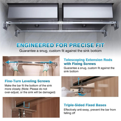 Diagram showing Under Sink Support Brackets 24 to 59 Inch Adjustable Undermount Sink Bars, Beefy Heavy Duty Stainless Steel, 800 Lb Capacity.