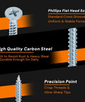 255 Piece High Hardness Wood Screws Kit With Nine Sizes From Half Inch To Two Inch Includes Size 6 And Size 8 Phillips Flat Head Screws For Wood Drywall MDF And Furniture DIY Plus 20 Anchors Zinc Plated For Rust Resistance showing details of Phillips flat head, carbon steel, precision point