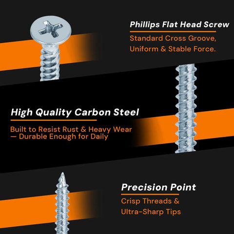 255 Piece High Hardness Wood Screws Kit With Nine Sizes From Half Inch To Two Inch Includes Size 6 And Size 8 Phillips Flat Head Screws For Wood Drywall MDF And Furniture DIY Plus 20 Anchors Zinc Plated For Rust Resistance showing details of Phillips flat head, carbon steel, precision point