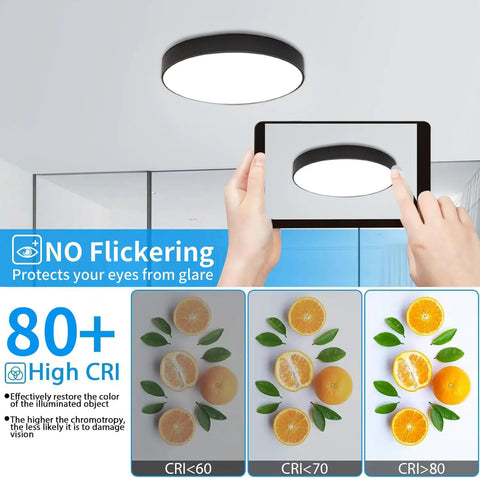 Round Flush Mount LED Ceiling Light 27W 15.7-Inch Black Modern Fixture installation example, anti-glare feature display
