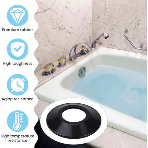 of 10 Elastic Rubber Bathtubs Drain Stoppers Gaskets displayed with a sleek black design and water in a modern bathtub.
