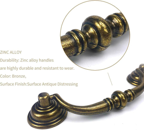 Antique Bronze Drawer Pulls Six Pack With Three And A Half Inch Hole Centers For A Retro Dresser Makeover close-up, zinc alloy material