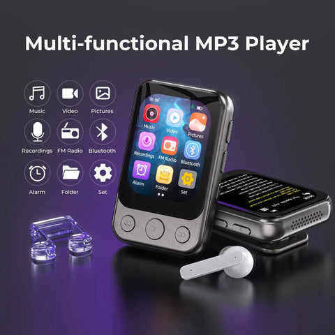 64GB Clip MP3 Player With Bluetooth 5.3 And Built In Speaker, 2 Inch IPS HD Touchscreen Plus Physical Buttons For Safe Blind Operation displayed