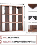 Sleek 9 Grid Wall Mounted Coffee Mug Display Rack, Solid Wooden Curio Shadow Box Shelf dimensions with robust structure features.