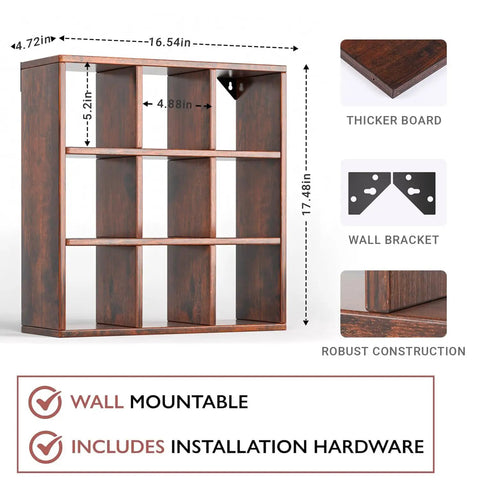 Sleek 9 Grid Wall Mounted Coffee Mug Display Rack, Solid Wooden Curio Shadow Box Shelf dimensions with robust structure features.