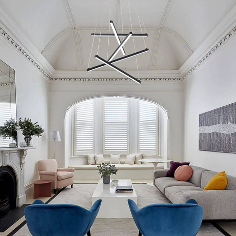 Sleek Modern LED Chandelier With 5 Lights Black Linear Pendant Ceiling Light in elegant living room setting