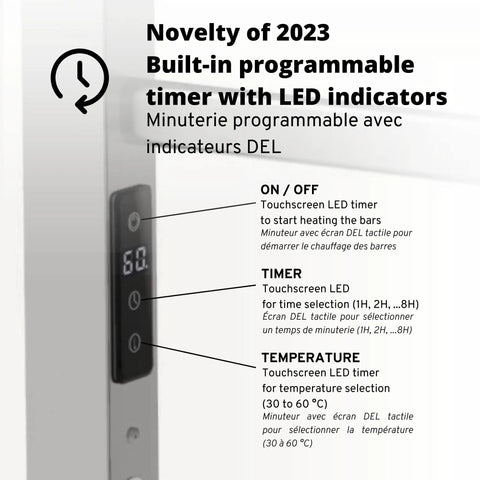 Close-up of towel warmer touchscreen with LED indicators and programmable timer, showing temperature and time options.