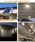 Dual Color Solar Shed Lights 2 Pack With Remote installed in outdoor and indoor settings, illuminating garages and porches.