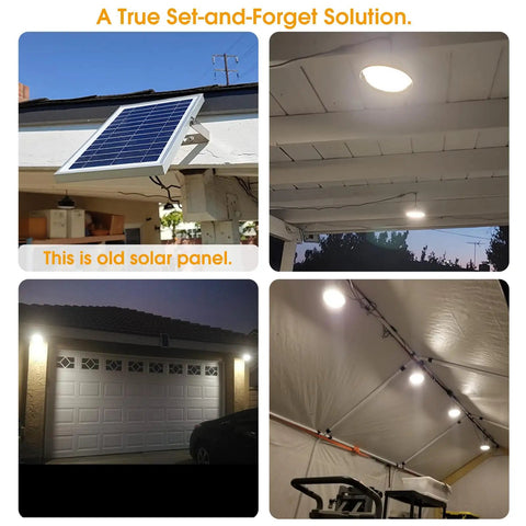 Dual Color Solar Shed Lights 2 Pack With Remote installed in outdoor and indoor settings, illuminating garages and porches.