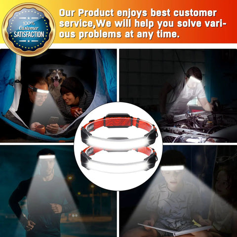Rechargeable LED Headlamp With 1500 Lumens, Six Modes, front and tail light, used in camping, night work, and reading outdoors.