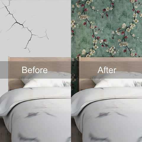 Before and after of a bedroom with Floral Peel And Stick Wallpaper With Apricot Flowers On Dark Green Background featured behind bed