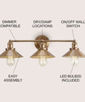 Brass Gold 3 Light Industrial Farmhouse Vanity Wall Sconce with Metal Shade for Bathroom, Kitchen, Entryway, and LED bulbs
