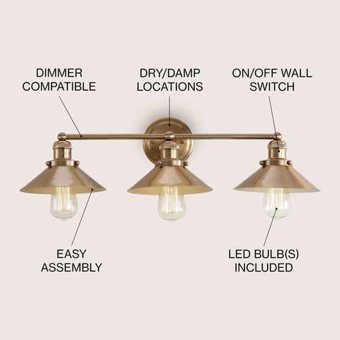 Brass Gold 3 Light Industrial Farmhouse Vanity Wall Sconce with Metal Shade for Bathroom, Kitchen, Entryway, and LED bulbs