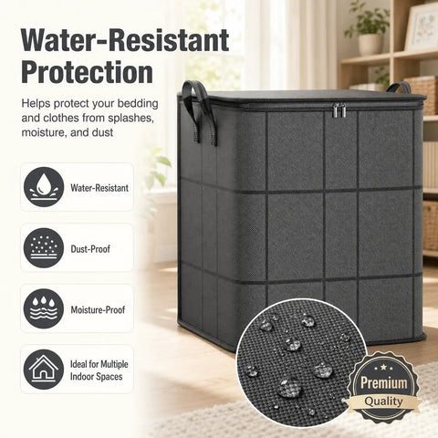 Hella Durable 180 Liter Moving Storage Container With Thick Loop Handles And Tight Seal Zipper Closure For Bulky Comforters Linens Closet Declutter Sick Space Saver in water-resistant material with zipper.