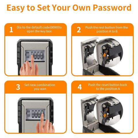 Instruction steps for setting the combination on an Extra Large Capacity Key Lock Box Weatherproof Wall Mount For Car Keys Fob And House Keys Key Safe Security Storage For Indoor Outdoor Use In Garage Garden Store With Space For Up To Ten Keys.