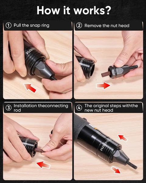 Step-by-step guide using 4 In 1 Pneumatic Rivet Nut Gun Set With Quick Change Nozzles For 10 To 24, One Quarter, Five Sixteenth, Three Eighths Nutserts.
