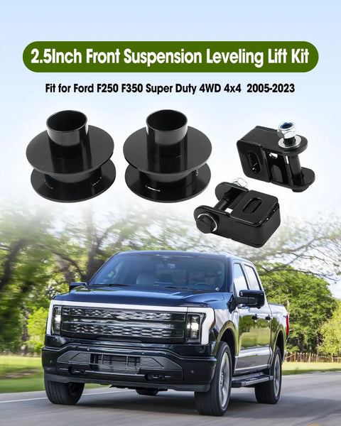 2.5 Inch Front Leveling Kit For Ford F250 F350 Super Duty 4X4 Heavy Duty Suspension Lift System with black steel spacers and mounts.