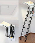 Hassle Free Heavy Duty Electric Attic Pull Down Ladder Featuring Smart Remote Operation Telescoping Folding Loft Staircase Ceiling Mount Holds Up To 1102 Pounds Smoothly with opened top hatch.