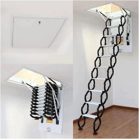 Hassle Free Heavy Duty Electric Attic Pull Down Ladder Featuring Smart Remote Operation Telescoping Folding Loft Staircase Ceiling Mount Holds Up To 1102 Pounds Smoothly with opened top hatch.