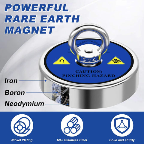 Mytracpro fishing magnet kit, blue round magnet with stainless steel ring and caution label.