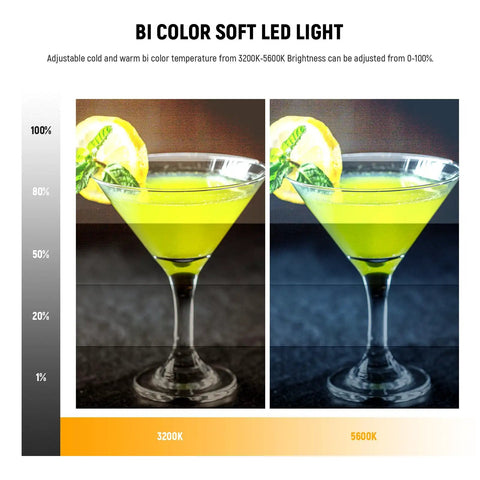 Comparison of LED light panel effects at 3200K and 5600K on a cocktail with lemon, showing dimmable output variations.