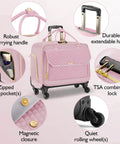 TSA friendly rolling laptop bag for women in pink with four spinner wheels, extendable handle, and TSA lock, showing features like pockets and closure.