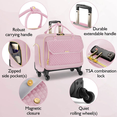 TSA friendly rolling laptop bag for women in pink with four spinner wheels, extendable handle, and TSA lock, showing features like pockets and closure.