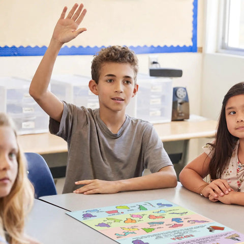 Student raising hand in classroom with Five Poster Set Of Spanish Speaking Countries With Map For Classroom Learning 12 X 18 Inches Made In USA on table.