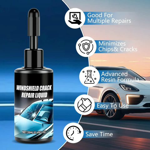 Two Pack Windshield Chip Repair Kit That Fixes Chips Fast With A Five Minute Quick Glass Repair Liquid bottle next to car
