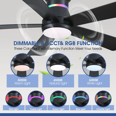 Dope 46 Inch Black Ceiling Fan With LED Lights And RGB Color Changing, showcasing dimmable 3CCT lighting and RGB color options