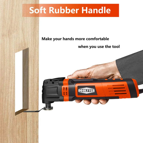 Go-To Do It All Oscillating Multi Tool With 3.5 Amp Motor cutting wood, featuring a soft rubber handle for comfort