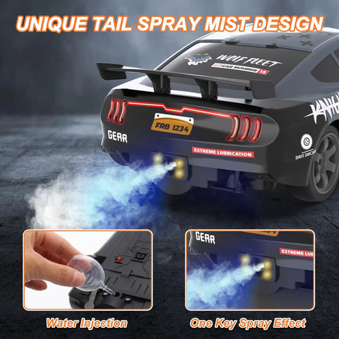 Detailed view of tail spray feature on One Sixteenth Scale RC Drift Car With 4WD Power, Beast Speed At 18 Plus KmH, LED Lights And Spray FX.