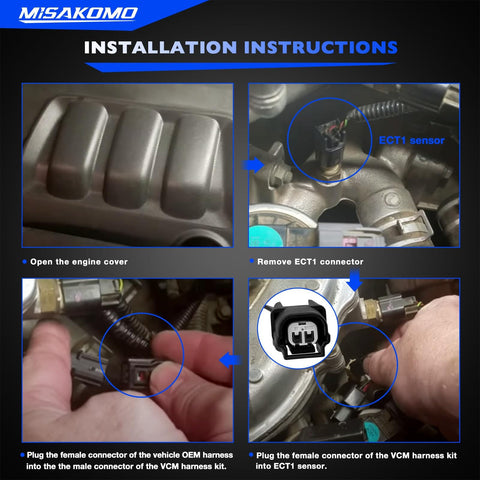 Installation instructions for Muzzler Harness Disable Kit for 3.5L V6 VCM Engines showing connectors and ECT1 sensor setup.