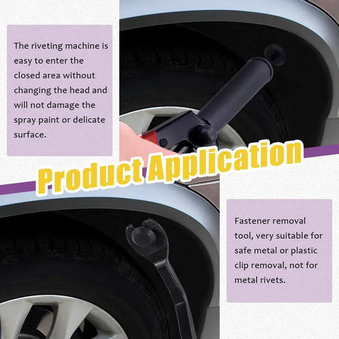 41 Piece Pro Grade Poly Rivet Gun Kit With Rivet Removal Tool shown removing fasteners on a car wheel well