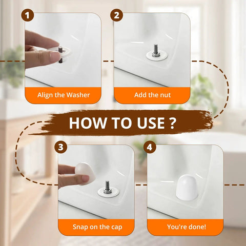 Step-by-step guide showing installation of Six Piece Ceramic Frog Toilet Bolt Cover Set Includes Universal Screw Caps With Washers.