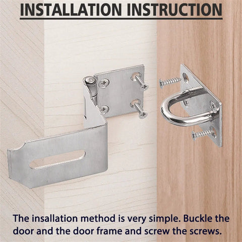 Installation view of Four Inch Stainless Steel Barn Door Bolt With Ninety Degree Hook Latch and Right Angle Gate Lock for outdoor fencing.
