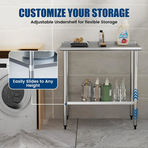 Front view of a Stainless Steel Prep Table 24x36 Inch With Adjustable Undershelf And Backsplash Built To Last Heavy Duty Commercial Kitchen Work Table For Restaurant Garage And Outdoor Use NSF Certified And Rust Resistant, shown in a storage setting.