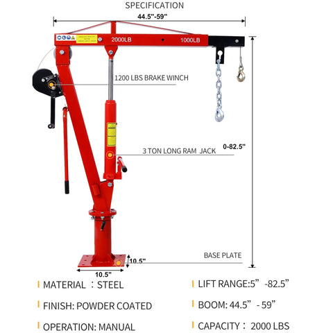 Built Tough Steel Truck Crane and Bed Hoist with Hand Winch for Pickup Trucks Beast Mode Hydraulic Extendable Boom 360 Degree Rotate Red showing specifications and parts.