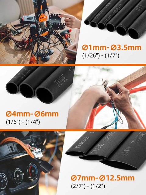 Hands assembling electronics using 900 Piece Wire Heat Shrink Tubing Kit For Wires Industrial Grade Two To One Shrink Ratio Marine Grade Waterproof Electrical Tubing Black 12 Sizes Heavy Duty Insulation For Harnesses And Electrical Connections.