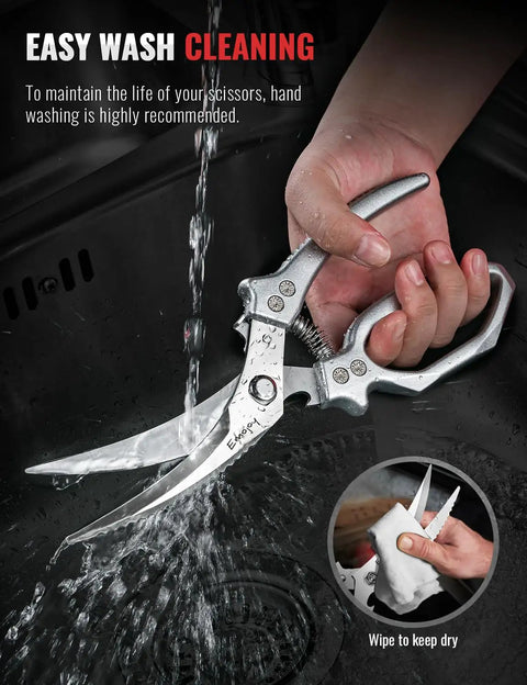 Two Piece Kitchen Scissors Set With Poultry Shears Japanese Stainless Steel All Purpose Kitchen Shears For Food Chicken Bones Fish Scales Nuts Herbs Packaging Plus More Dishwasher Safe, rinsed under water