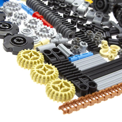 116 Piece Technic Parts Set With Gears, Axles, Pins, Connectors, Wheels And More For Builders In Bold Primary Colors close-up view