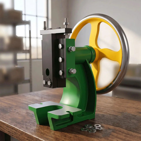 Beefy Professional Grade Manual Arbor Press Machine Anchored By A Solid Cast Iron Base Desktop Punch Stamping Tool close-up on a wooden table