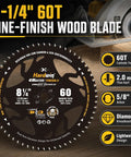 8-1/4 Inch Table Saw Blade With Sixty Carbide Tips And Thin Kerf Profile, lightweight design, 60 carbide teeth, 5/8 inch arbor.
