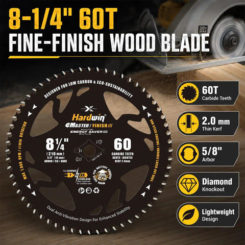 8-1/4 Inch Table Saw Blade With Sixty Carbide Tips And Thin Kerf Profile, lightweight design, 60 carbide teeth, 5/8 inch arbor.