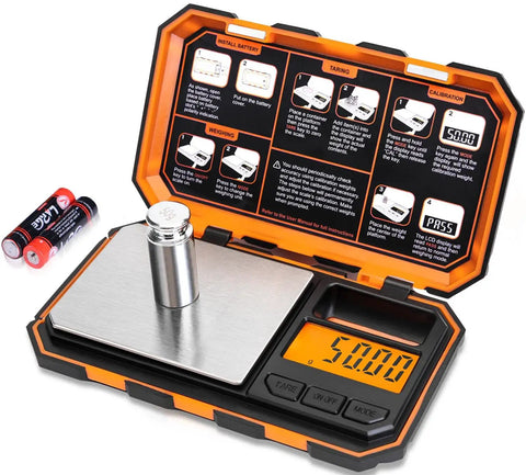 Digital Pocket Scale 0.05g To 500g Precision Scale For Jewelry, Coins, Coffee, includes 50g weight, LCD display open view with batteries